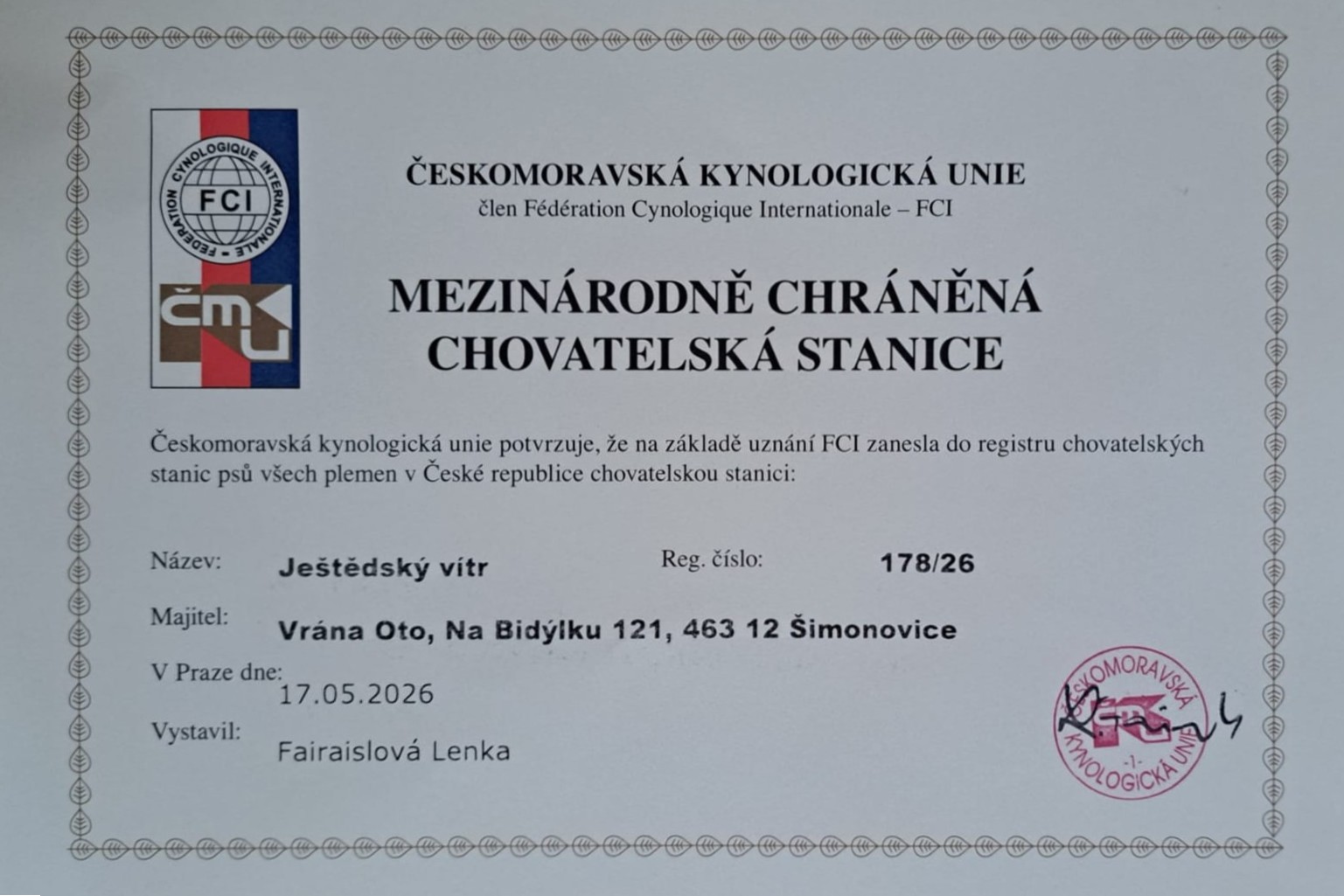 Oficiálně uznaná chovná stanice